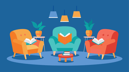 Several velvet armchairs are arranged in a cozy seating area each occupied by a different guest engrossed in their own book or device.