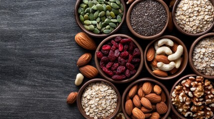 A diverse assortment of nuts and seeds, including cranberries, almonds, chia seeds, and walnuts, arranged in small bowls on a dark textured background surface.