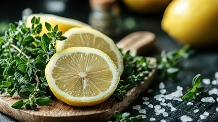 A beautifully arranged composition featuring fresh lemons cut and whole, along with thyme sprigs on a rustic wooden board, emphasizing freshness and culinary appeal.