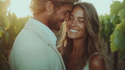 A loving couple shares a tender moment in a lush vineyard, their affection illuminated by the golden hues of a setting sun, symbolizing romance and happiness.