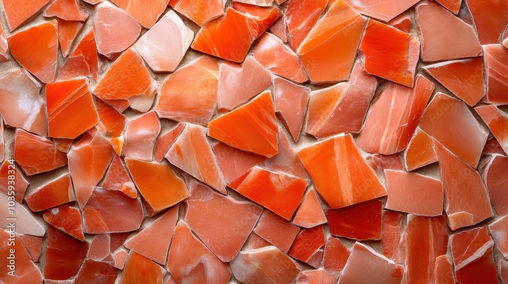 Poster an intricate mosaic pattern made of jagged orange stones, creating a vibrant and textured surface id