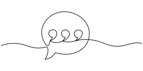 Single continuous line drawing of a quote mark. One continuous line of a quote mark drawing. Vector illustration. Quote linear design, Speech Bubble Continuous Line Icon, Single line drawing