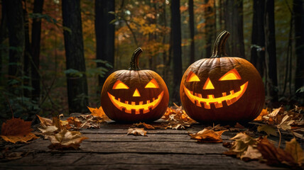 Obraz premium Halloween background with Jack o lantern pumpkins on wooden surface and glowing lights in forest. Dark spooky evening atmosphere