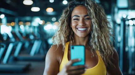 A cheerful woman with curly hair and a yellow top takes a selfie at the gym, capturing a joyful moment amidst a backdrop of fitness equipment.