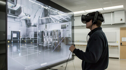 A man wearing a VR headset interacts with a virtual reality simulation on a large screen.