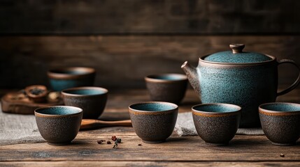 A beautifully crafted rustic tea set featuring a kettle and multiple cups sits on a wooden table, evoking a sense of warmth and tradition.