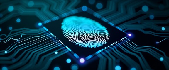 Close-up image of a glowing fingerprint overlaid on a circuit board, representing cybersecurity, technology, and digital identity concepts.

