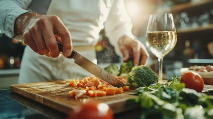 In a culinary scene, a close-up shows a chef slicing orange vegetables on a wooden board with precision, accompanied by fresh ingredients and a glass of white wine nearby.