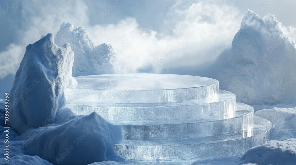 Poster Glimmering ice steps rise from a snowy terrain, enveloped by soft clouds, creating a surreal winter wonderland at dawn. The play of light enhances the ethereal ambiance of the cold environment.