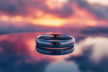 Simple silver ring placed on a pristine glass surface with a soft-focus reflection of a sunset sky.