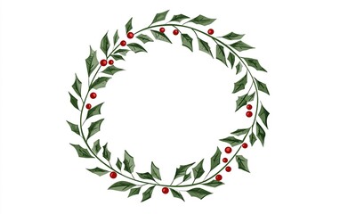 Naklejka premium A festive holly wreath adorned with red berries on a white background, perfect for holiday decorating or seasonal cards