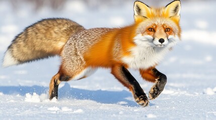 Obraz premium Arctic wilderness: Red Fox strides across snow-covered tundra, its natural habitat in Siberia's icy expanse. Witness the beauty of Chukotka and Russia's Far East