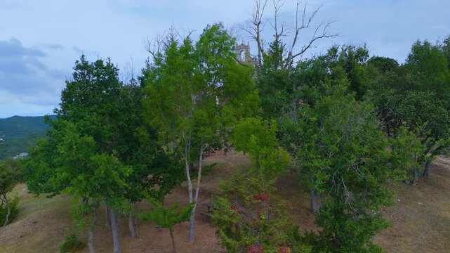 Aerial view from a drone of the hermitage of Our Lady of Somo in the village of Villamor. Municipality of Medina de Pomar. The Merindades region. Burgos. Castilla y Leon. Spain. Europe