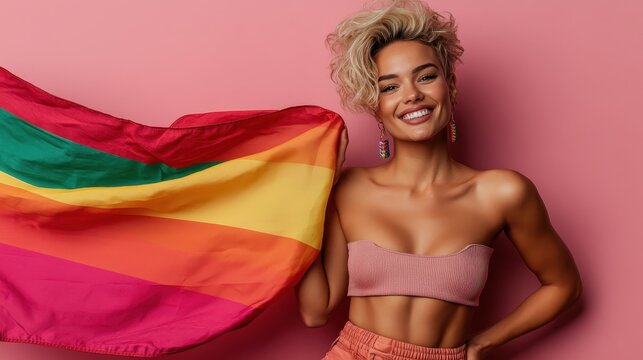Smiling woman with curly hair joyfully holds a vibrant rainbow pride flag. Her expression of happiness and acceptance radiates a sense of bold pride and inclusivity.