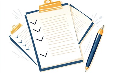A collection of checklists on clipboards with a blue pen, symbolizing organization and task management in an office setting
