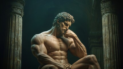 Symmetrical Contemplation Close-Up of Muscular Sculpted Nude Male in Mysterious Dimly-Lit Setting with Weathered Pillars - Artistic Grandeur and Solitude