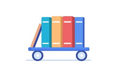 Colorful books arranged on a blue cart, emphasizing knowledge and learning in a minimalistic design