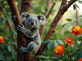Charming koala clinging to eucalyptus in a sun-drenched Australian forest  