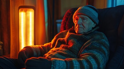 An older man is sitting in a chair in front of a heater