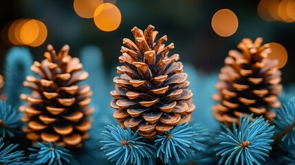 Fototapeta premium Close-up of pine cones with festive bokeh lights.