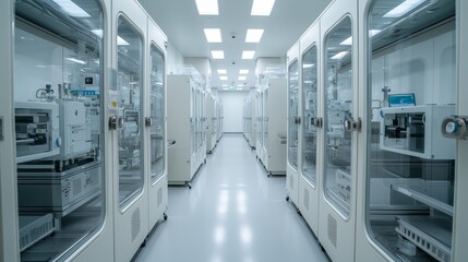 Fototapeta premium Clinical Precision Symmetrical Rows of White Machinery Cabinets in Bright Corridor Modern Technology Laboratory Concept