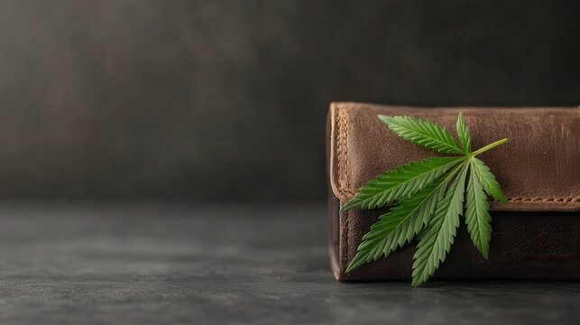 An image showcasing a brown leather wallet with a cannabis leaf resting on it, symbolizing themes of finance, nature, and lifestyle choices.