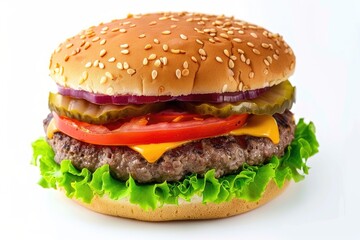 Fresh tasty burger isolated on white background. Delicious fastfood.