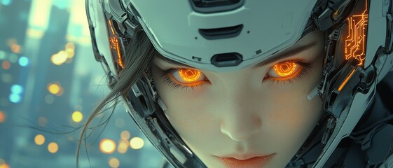 Fototapeta premium Futuristic Female Portrait with Glowing Eyes in Sci-Fi Helmet, City Lights Background