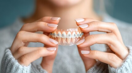 A close-up image of hands holding a dental braces model, illustrating perfect alignment and showcasing dental care, orthodontics, and the importance of oral health.