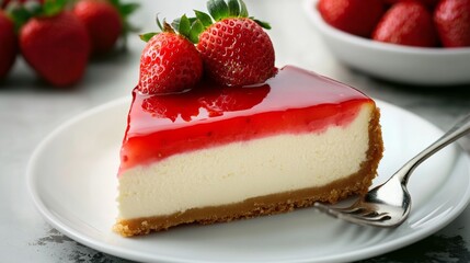 A decadent slice of New York cheesecake with a strawberry glaze, served on a white plate, Cheesecake centered
