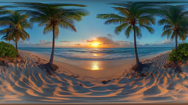 360 hdri panorama with coconut trees on ocean coast on beach at sunset in equirectangular spherical seamless projection 