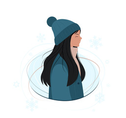 Girl in winter portrait. Young woman in a hat, coat and snowflakes. Wintry design for card, banner, sale, social media, avatar.