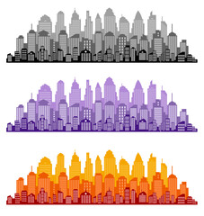 Light gray cityscape background. City buildings with trees at park view. Monochrome urban landscape with street. Modern architectural panorama in flat style. Vector illustration horizontal wallpaper