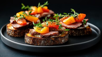 This image showcases gourmet bruschetta topped with a colorful medley of tomatoes and fresh herbs, set against a dark backdrop, inviting a feast for the senses.