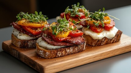 Featuring artisan bruschetta layered with creamy cheese, ripe tomatoes, and fresh greens, this image captures a perfect blend of taste and artistic presentation.
