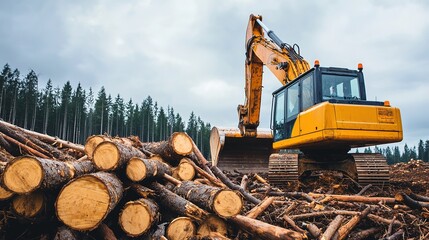 A heavy yellow excavator is operating in a log yard, surrounded by stacked timber under a cloudy sky, indicating active logging operations.