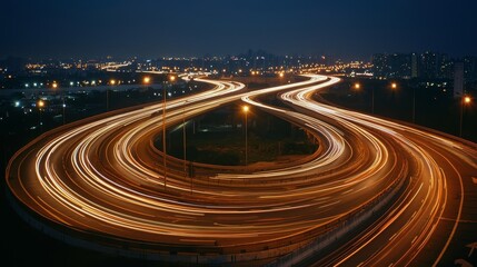 Mesmerizing Urban Night Lights Symmetrical Highway Interchange with Dynamic Light Trails in Dark Blue Sky Cityscape View