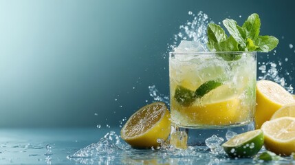This dynamic image shows a single citrus drink with lime and mint, dramatically splashing with ice upon a blue background, emphasizing a refreshing moment.