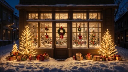 A winter evening with a glowing shop window decorated with traditional Christmas decorations