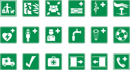 Green Safety and First Aid Signs. Vector Icons Fire Exit, Medical Center, Doctor, Defibrillator, Stretchers, Emergency Shower, First Aid Kit and More