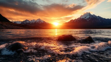 A mesmerizing sunrise over a mountain range, casting golden light on tranquil waters, creating a blend of warmth and coolness with nature's vibrant beauty.