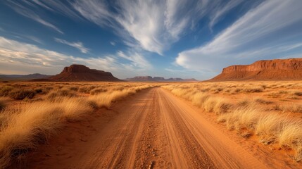 Fototapeta premium A dusted desert road winds through breathtaking natural vistas, inviting travel and adventure across boundless terrain, revealing rugged beauty against a dramatic sky backdrop.