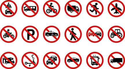 Red Prohibitory Round Road Signs. Vector Icons. No Traffic Jams, Trucks, Trolleybuses, Motorcycles, Buses, Bicycles, Pedestrians, Taxis, and More