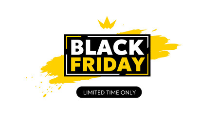 Vector black friday sale logo illustration with bold type text on white background with yellow splash and crown. Flat style sale promotion design of black friday label for discount day