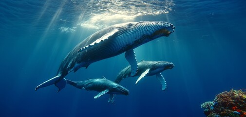 Fototapeta premium Majestic Humpback Whales Sublime Underwater Symphony in Deep Blue Ocean - Captivating Marine Life Safari Adventure
