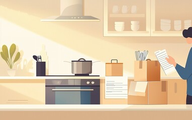 Modern kitchen during daylight with a person unpacking boxes and organizing utensils in preparation for a meal