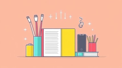 Obraz premium A flat illustration of a desk with a book, pencils, a phone, and paintbrushes.