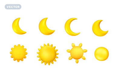 Vector set day and night weather illustration of different shine yellow color sun with sunbeam and crescent moon with star on white background. 3d cartoon style design of sun with beam and half moon