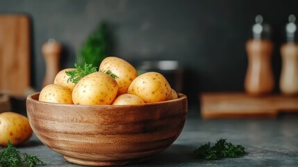 A rustic wooden bowl filled with fresh potatoes garnished with greens, placed in a cozy kitchen setting with blurred background elements adding depth and warmth.