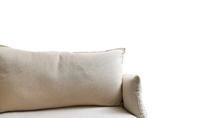 Beige blanket on the sofa on side position provides copy space for text. background concept isolated white